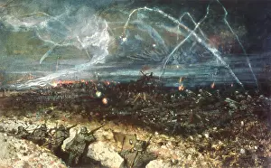 Flares: German trench during night action, WW1