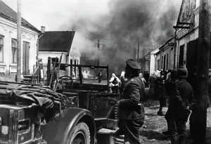Raging: German troops in a burning village on the Eastern Front
