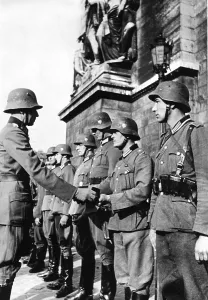 Bravery: German troops at the victory parade in Paris, 1940