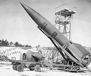 Peenemuende: German V-2 missile is raised up in preparation for take off