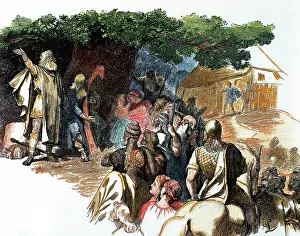Harp: Germanic bards. Colored engraving