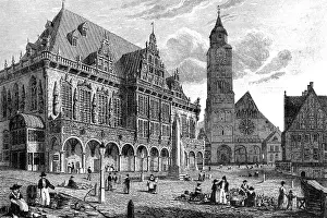Batty: Germany, Bremen, Town Hall, exterior view, woodengravin