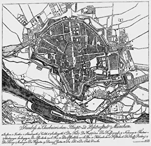 Schramm: Germany, Munich, plan, map, etching by Schramm