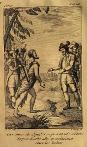1825: Geronimo de Aguilar is presented to Cortes. Engraving
