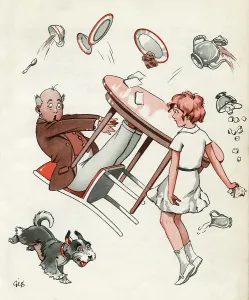 Teatime: Gerry accidentally upsets the tea table