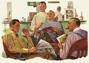 Relaxes: G.I. relaxes in Barber Shop