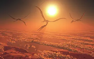 Azhdarchidae: Giant Quetzalcoatlus pterosaurs flying above the clouds