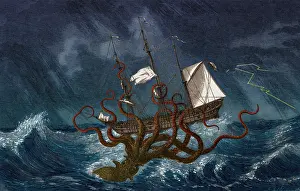Kraken: Giant Squid Attacking Ship, 1700