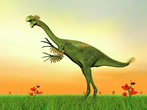 Oviraptorosaur: Gigantoraptor dinosaur on green grass by sunset