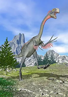 Oviraptorosaur: Gigantoraptor dinosaur running in the mountains