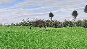 Grasslands: Gigantoraptor running across an open field