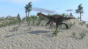 Maniraptora: Gigantoraptor running across a prehistoric terrain