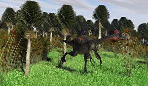 Maniraptora: Gigantoraptor running through woodlands