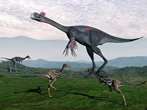 Mononychus: Gigantoraptor surrounded by small Mononykus dinosaurs