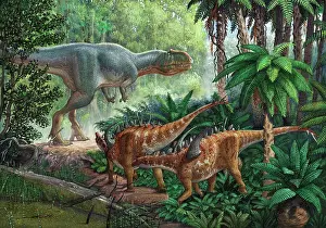 Searching: Two Gigantspinosaurus fearful at the sight of a large ?
