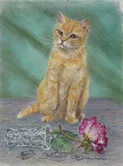 Shepperson: Ginger cat with fallen vase and rose