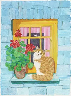 Levy: Ginger Cat with Geranium on Window Sill