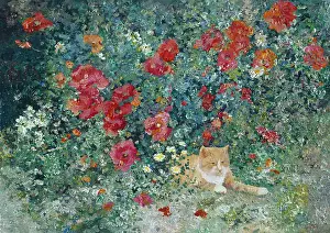 Agoust: Ginger cat lying under a bush of flowers