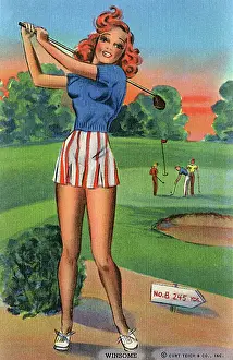 Underclothes: A ginger-haired young lady golfer, completing her swing