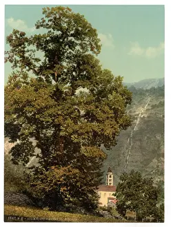 Gotthard: Giornico, church and waterfall, St. Gotthard Railway, Switze
