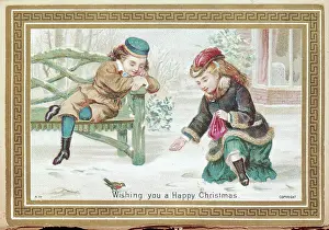 Embossed: Girl and boy feeding a robin