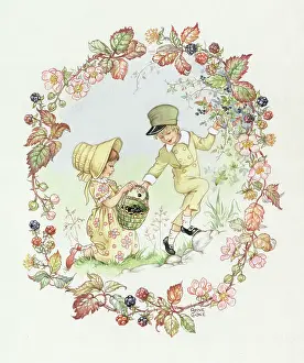 Blackberries: Girl and boy gathering blackberries
