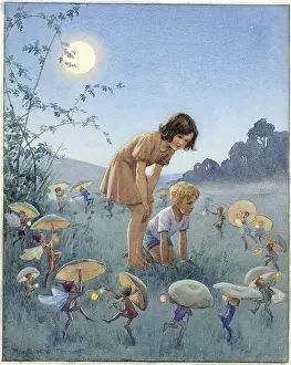 Toadstools: Girl and boy inside circle of fairies holding toadstools