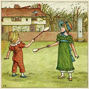 Bats: Girl and boy playing shuttlecock and battledore