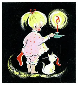 Candlestick: Girl with a candlestick and a white kitten