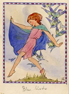 Prancing: Girl dancing with blue birds