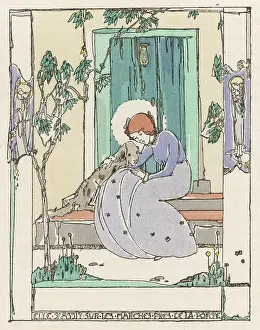 Jessie M King: GIRL & DOG ON DOORSTEP