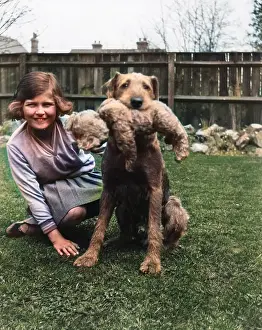 Cuddly: Girl with dog and teddy bear
