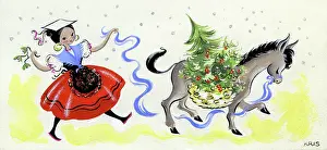 Pannier: Girl and donkey with Christmas tree