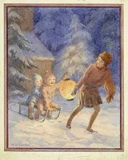 Sledging: Girl dragging two small children with a lantern