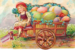 Forgetmenots: Girl with eggs and flowers in a cart on an Easter postcard