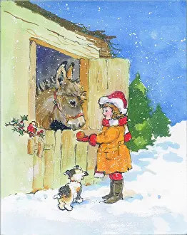 Matthes: Girl feeding donkey in the snow