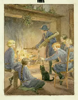 Brownies: Girl Guides and cat around Fireplace