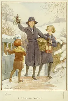 Brownies: Girl guides at gate with mistletoe and presents