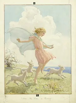 Frolicking: A girl and three lambs
