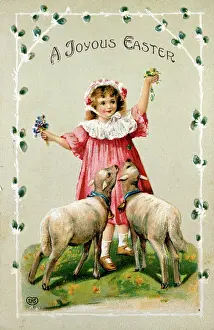 Lambs: Girl with lambs on an Easter card