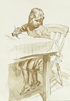 Paints: Girl painting at table