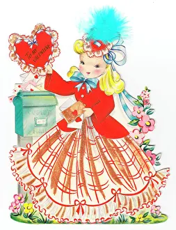 Postbox: Girl at a post box on a Valentine card