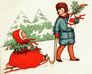 Sprig: Girl pulled in sledge through the wintry countryside