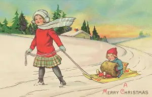 Sledging: Girl pulling her little brother along on a sledge