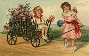 Bday: Girl Pulls Flower Cart