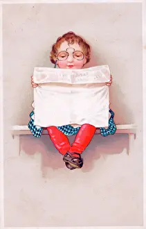 Chequered: Girl reading a newspaper on a greetings postcard