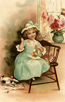 Sews: Girl Sewing and Cat