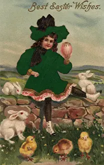 Bunnies: Girl sitting on Wall surrounded by Bunnies and Chicks