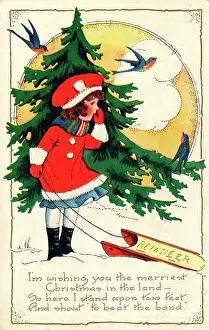 Toboggan: Girl with sledge in front of fir tree