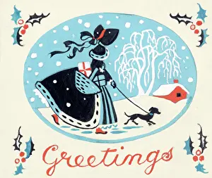 Retro Christmas: Girl in the snow with dog